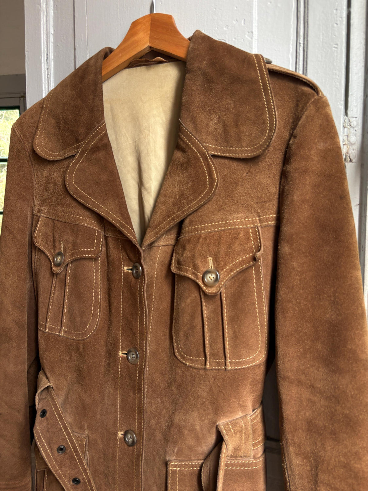 Vintage Suede Safari Jacket, Brown Leather Belted Jacket, 70s Boho Western Coat, Festival Jacket, Real Suede Utility Jacket, Dark Academia