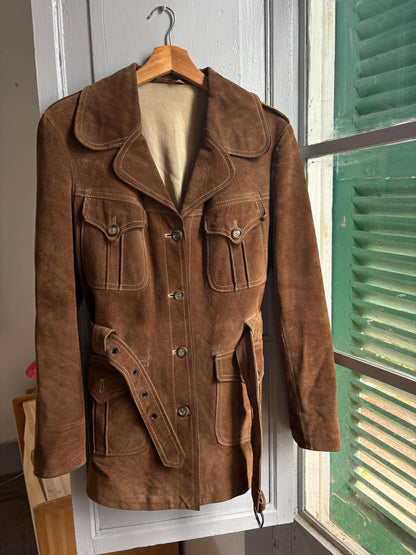 Vintage Suede Safari Jacket, Brown Leather Belted Jacket, 70s Boho Western Coat, Festival Jacket, Real Suede Utility Jacket, Dark Academia