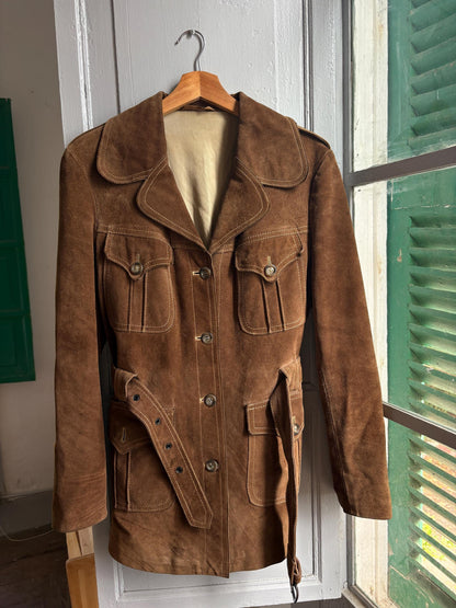 Vintage Suede Safari Jacket, Brown Leather Belted Jacket, 70s Boho Western Coat, Festival Jacket, Real Suede Utility Jacket, Dark Academia
