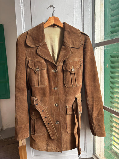 Vintage Suede Safari Jacket, Brown Leather Belted Jacket, 70s Boho Western Coat, Festival Jacket, Real Suede Utility Jacket, Dark Academia