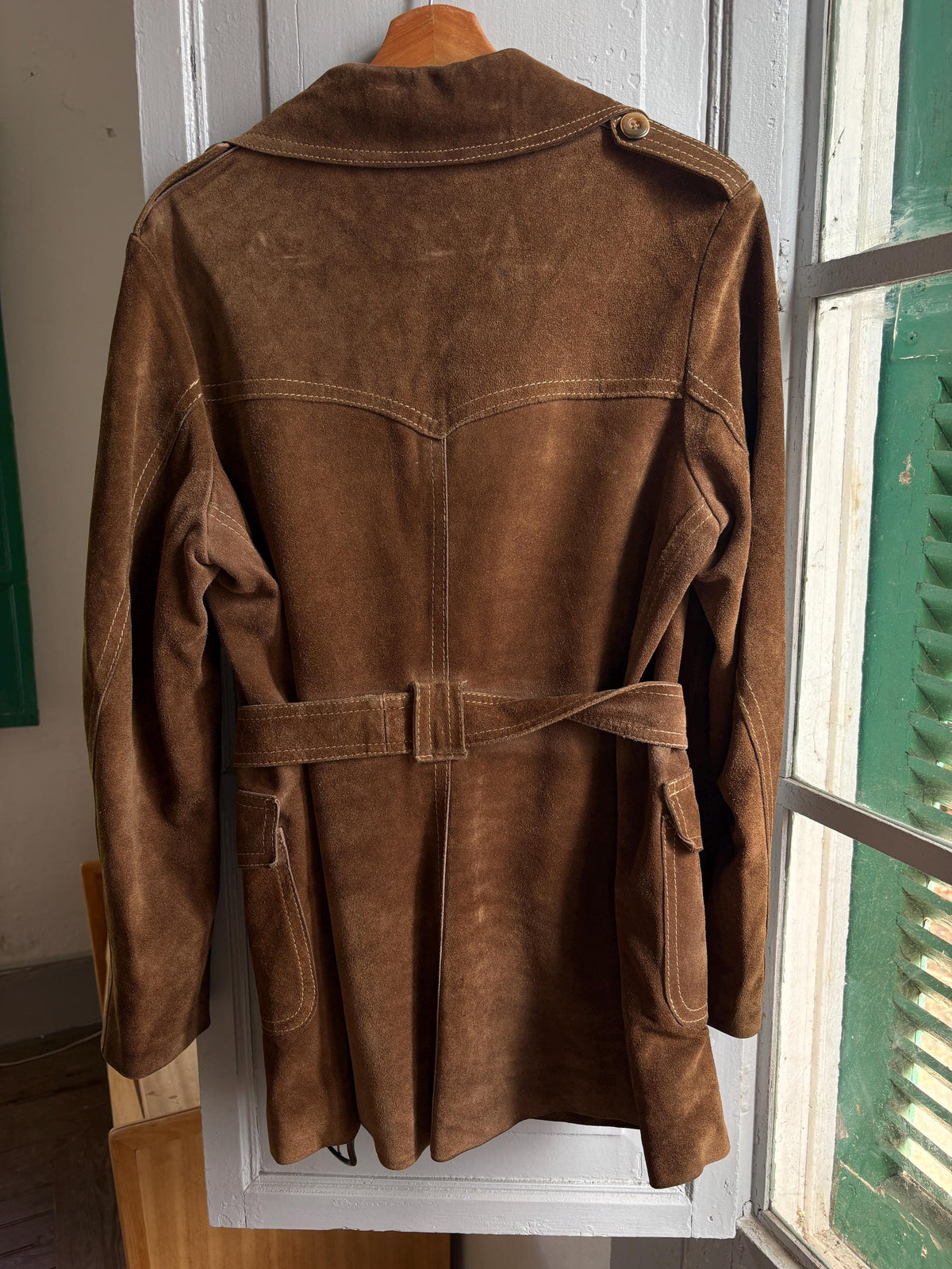Vintage Suede Safari Jacket, Brown Leather Belted Jacket, 70s Boho Western Coat, Festival Jacket, Real Suede Utility Jacket, Dark Academia
