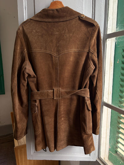 Vintage Suede Safari Jacket, Brown Leather Belted Jacket, 70s Boho Western Coat, Festival Jacket, Real Suede Utility Jacket, Dark Academia