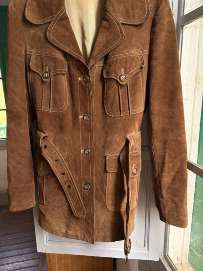 Vintage Suede Safari Jacket, Brown Leather Belted Jacket, 70s Boho Western Coat, Festival Jacket, Real Suede Utility Jacket, Dark Academia
