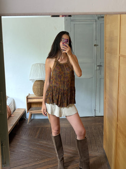 Boho Halter Top, Festival Summer Top, Open Back Bohemian Blouse, Crochet Neck Top, Earth Tone Paisley Top, Y2K Hippie Festival Clothing