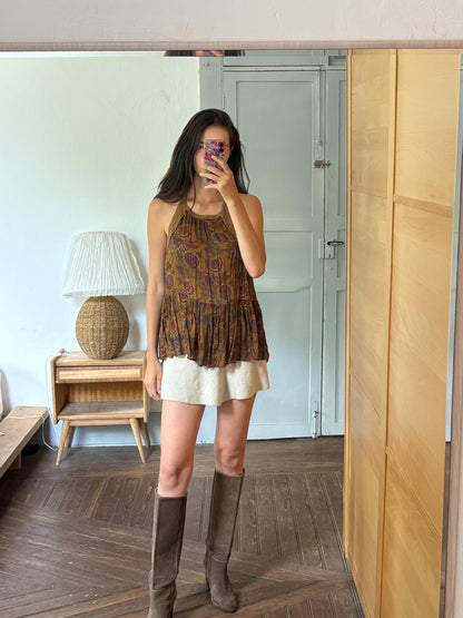 Boho Halter Top, Festival Summer Top, Open Back Bohemian Blouse, Crochet Neck Top, Earth Tone Paisley Top, Y2K Hippie Festival Clothing