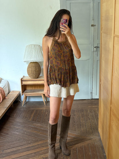 Boho Halter Top, Festival Summer Top, Open Back Bohemian Blouse, Crochet Neck Top, Earth Tone Paisley Top, Y2K Hippie Festival Clothing