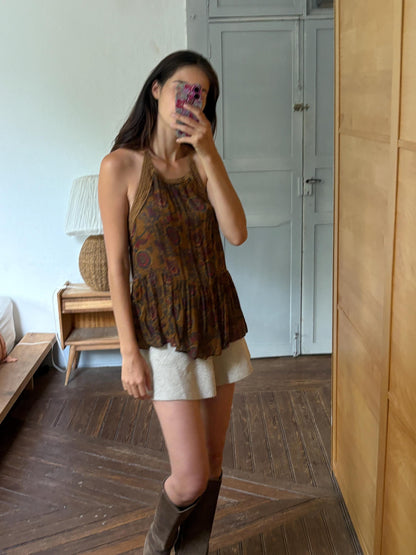 Boho Halter Top, Festival Summer Top, Open Back Bohemian Blouse, Crochet Neck Top, Earth Tone Paisley Top, Y2K Hippie Festival Clothing