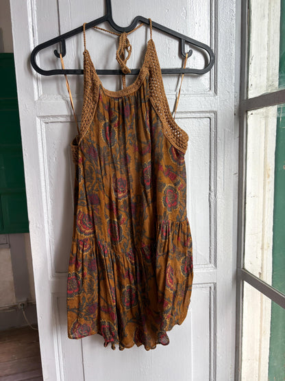 Boho Halter Top, Festival Summer Top, Open Back Bohemian Blouse, Crochet Neck Top, Earth Tone Paisley Top, Y2K Hippie Festival Clothing