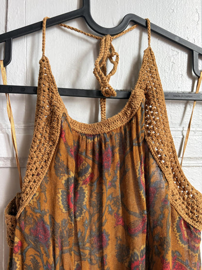 Boho Halter Top, Festival Summer Top, Open Back Bohemian Blouse, Crochet Neck Top, Earth Tone Paisley Top, Y2K Hippie Festival Clothing