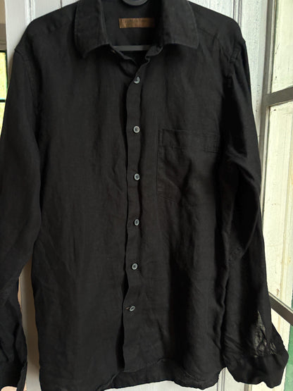 Antonio Miró Black Linen Shirt, Men's 100% Linen Button Down, Minimalist Summer Shirt, Designer Long Sleeve Shirt, Lightweight Black Shirt