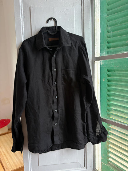 Antonio Miró Black Linen Shirt, Men's 100% Linen Button Down, Minimalist Summer Shirt, Designer Long Sleeve Shirt, Lightweight Black Shirt