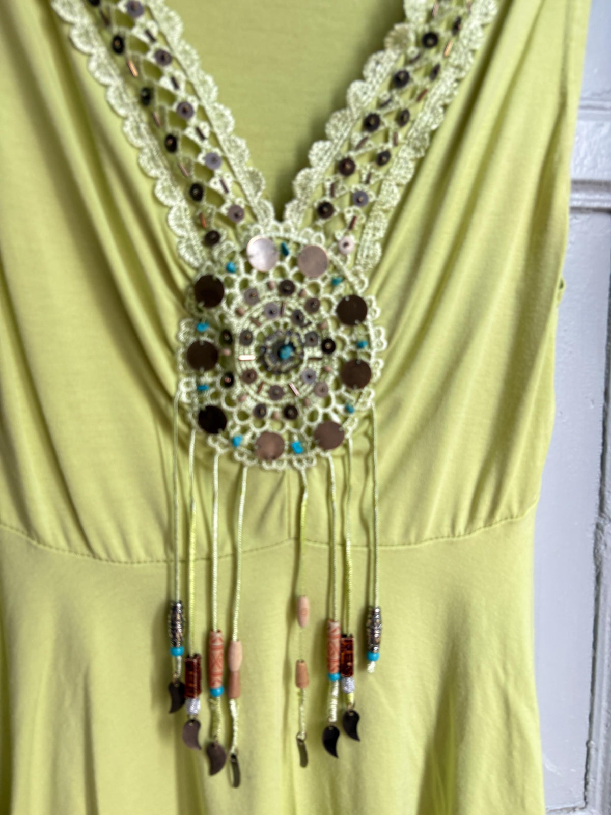 Boho Embellished Lime Green Top, Festival Sleeveless Top, Beaded V Neck Tunic, Y2K Bohemian Summer Top, Fairy Grunge Hippie Shirt
