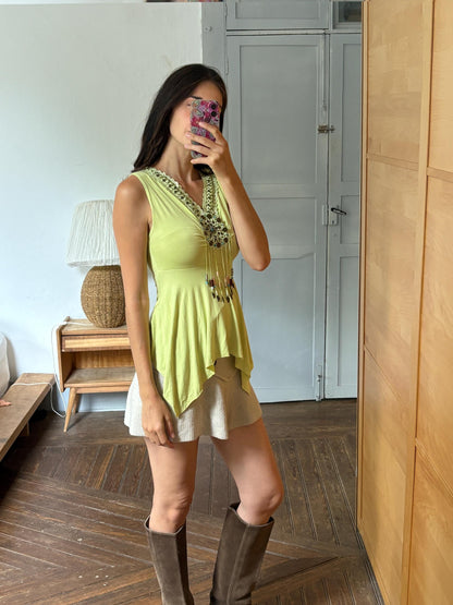Boho Embellished Lime Green Top, Festival Sleeveless Top, Beaded V Neck Tunic, Y2K Bohemian Summer Top, Fairy Grunge Hippie Shirt