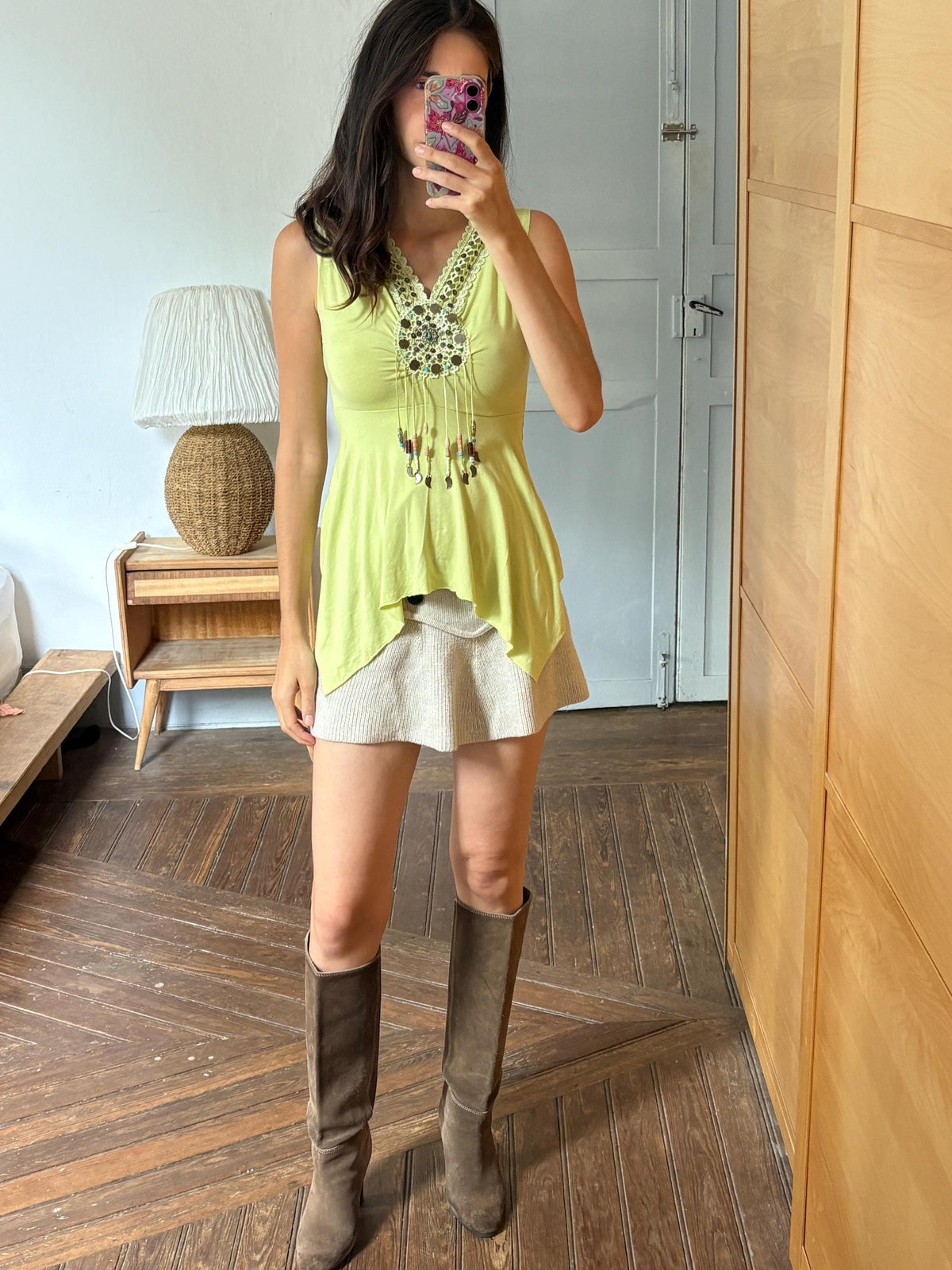 Boho Embellished Lime Green Top, Festival Sleeveless Top, Beaded V Neck Tunic, Y2K Bohemian Summer Top, Fairy Grunge Hippie Shirt