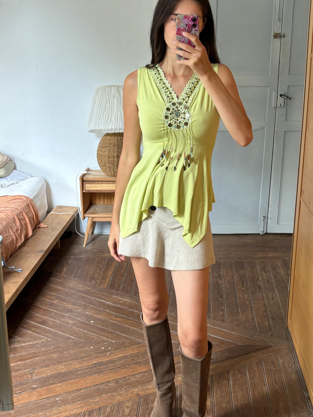 Boho Embellished Lime Green Top, Festival Sleeveless Top, Beaded V Neck Tunic, Y2K Bohemian Summer Top, Fairy Grunge Hippie Shirt