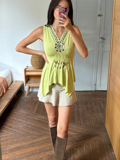 Boho Embellished Lime Green Top, Festival Sleeveless Top, Beaded V Neck Tunic, Y2K Bohemian Summer Top, Fairy Grunge Hippie Shirt