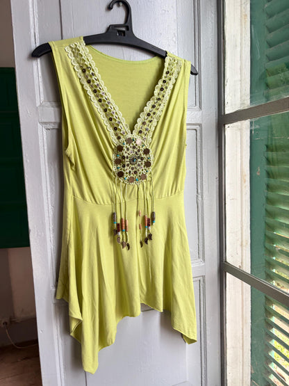Boho Embellished Lime Green Top, Festival Sleeveless Top, Beaded V Neck Tunic, Y2K Bohemian Summer Top, Fairy Grunge Hippie Shirt