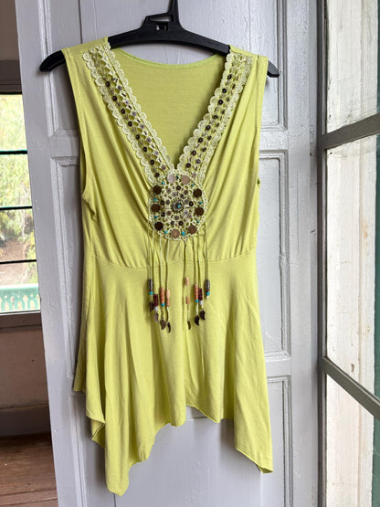 Boho Embellished Lime Green Top, Festival Sleeveless Top, Beaded V Neck Tunic, Y2K Bohemian Summer Top, Fairy Grunge Hippie Shirt