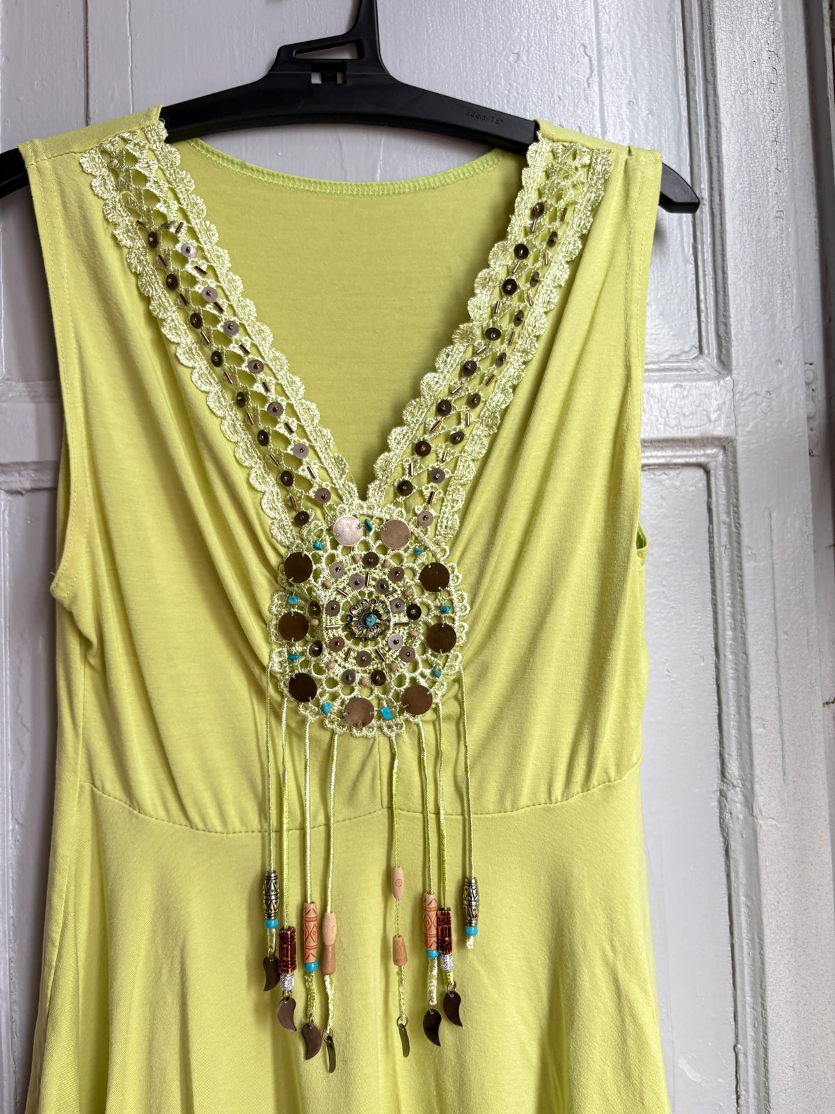 Boho Embellished Lime Green Top, Festival Sleeveless Top, Beaded V Neck Tunic, Y2K Bohemian Summer Top, Fairy Grunge Hippie Shirt