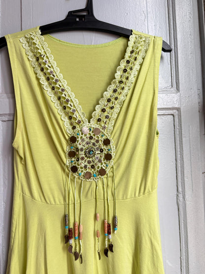 Boho Embellished Lime Green Top, Festival Sleeveless Top, Beaded V Neck Tunic, Y2K Bohemian Summer Top, Fairy Grunge Hippie Shirt