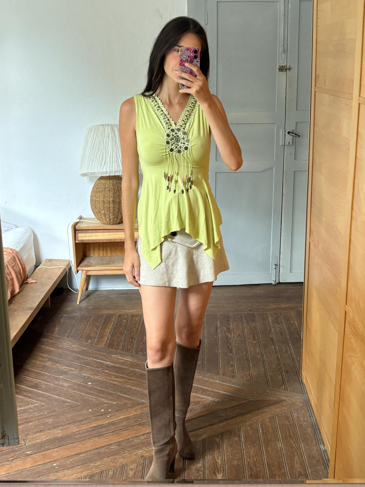 Boho Embellished Lime Green Top, Festival Sleeveless Top, Beaded V Neck Tunic, Y2K Bohemian Summer Top, Fairy Grunge Hippie Shirt
