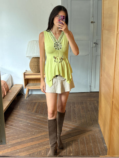 Boho Embellished Lime Green Top, Festival Sleeveless Top, Beaded V Neck Tunic, Y2K Bohemian Summer Top, Fairy Grunge Hippie Shirt