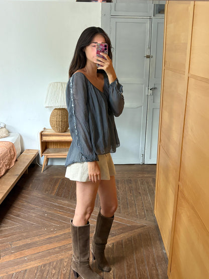 Vintage Silk Boho Blouse XL, Oversized Grey Silk Top, Sequin Sleeve Blouse, Bohemian Festival Top, Romantic Floaty Shirt, Women's Vintage
