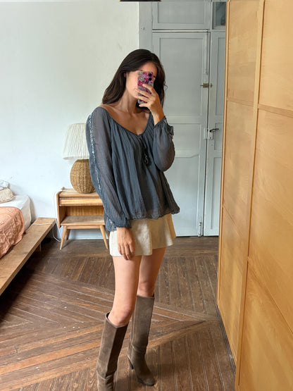 Vintage Silk Boho Blouse XL, Oversized Grey Silk Top, Sequin Sleeve Blouse, Bohemian Festival Top, Romantic Floaty Shirt, Women's Vintage