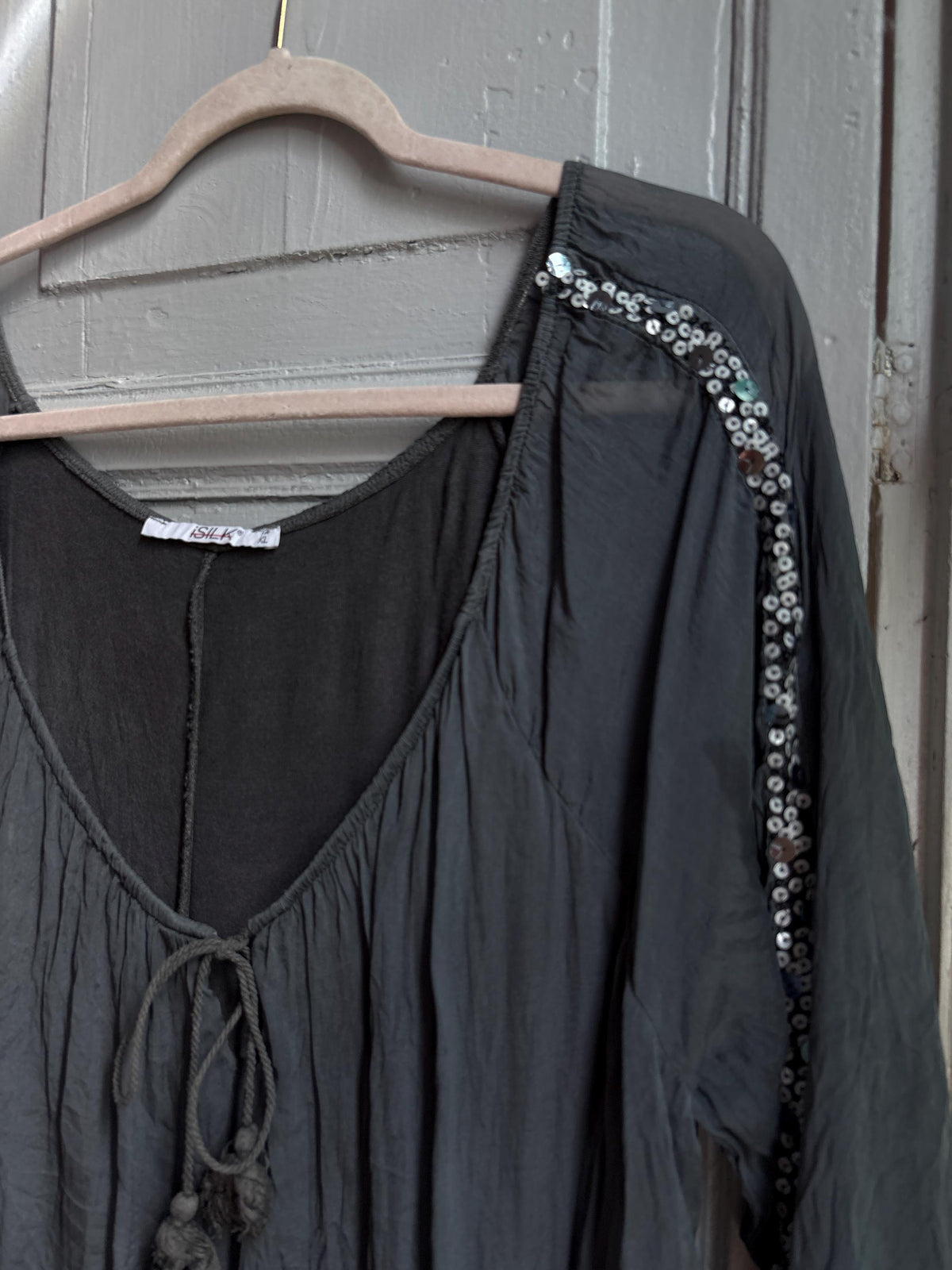 Vintage Silk Boho Blouse XL, Oversized Grey Silk Top, Sequin Sleeve Blouse, Bohemian Festival Top, Romantic Floaty Shirt, Women's Vintage