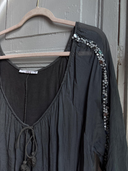 Vintage Silk Boho Blouse XL, Oversized Grey Silk Top, Sequin Sleeve Blouse, Bohemian Festival Top, Romantic Floaty Shirt, Women's Vintage