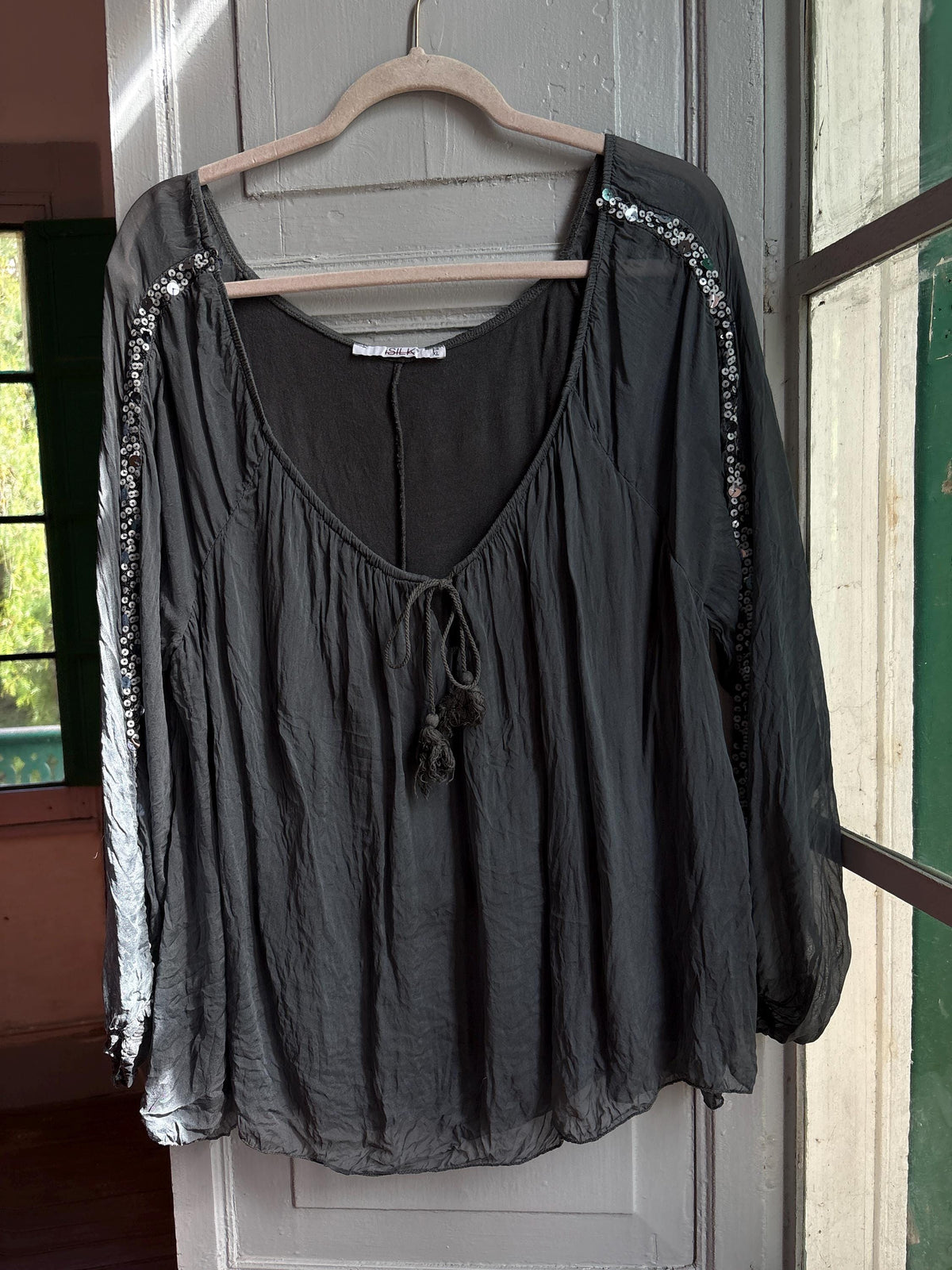 Vintage Silk Boho Blouse XL, Oversized Grey Silk Top, Sequin Sleeve Blouse, Bohemian Festival Top, Romantic Floaty Shirt, Women's Vintage