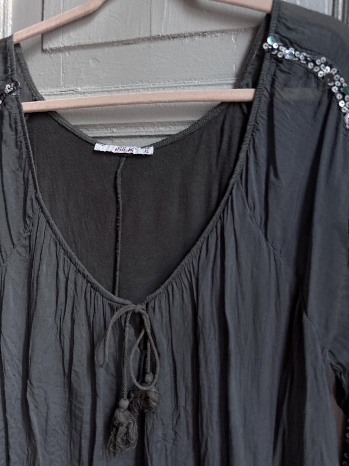 Vintage Silk Boho Blouse XL, Oversized Grey Silk Top, Sequin Sleeve Blouse, Bohemian Festival Top, Romantic Floaty Shirt, Women's Vintage