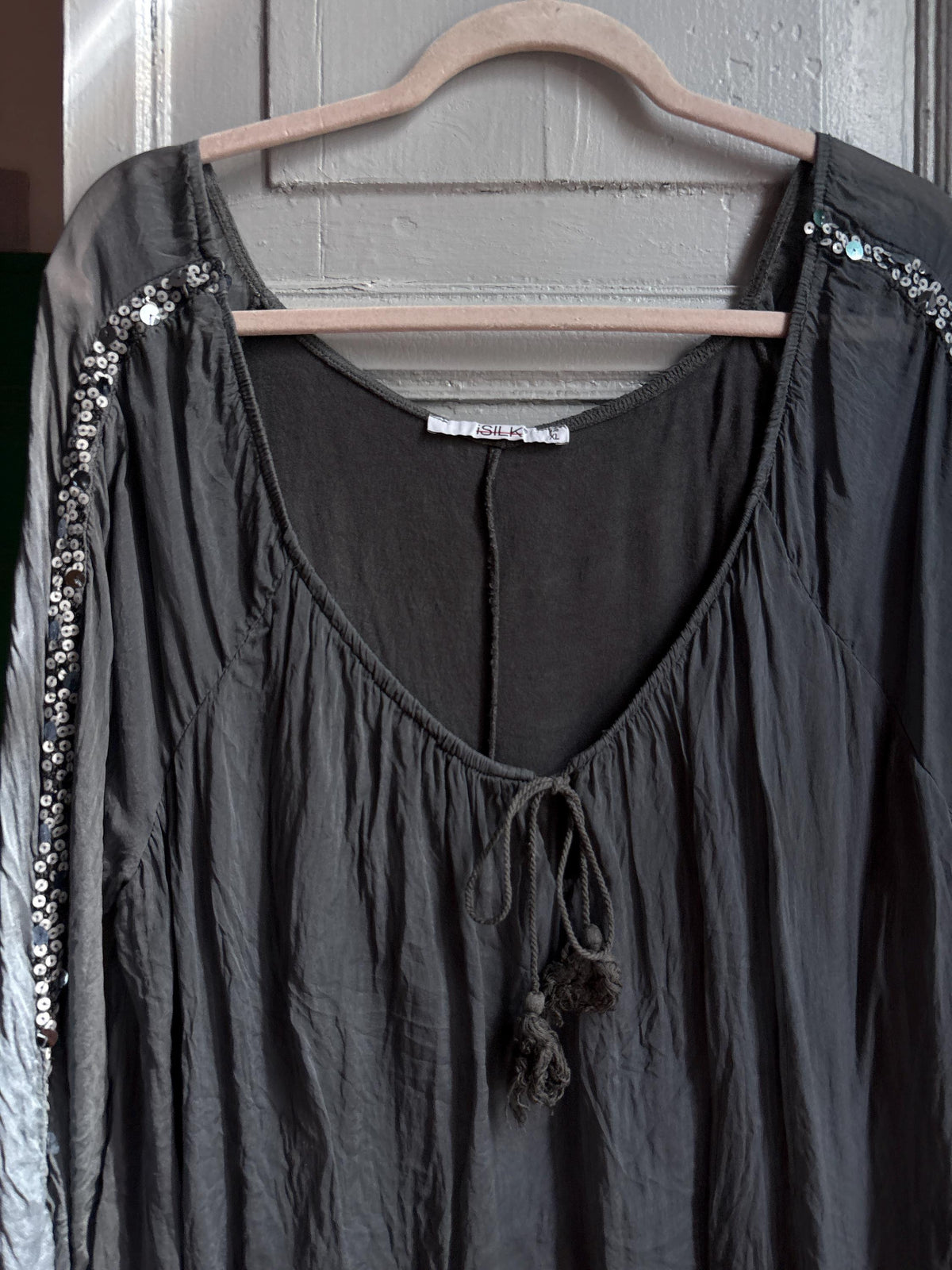 Vintage Silk Boho Blouse XL, Oversized Grey Silk Top, Sequin Sleeve Blouse, Bohemian Festival Top, Romantic Floaty Shirt, Women's Vintage