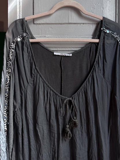Vintage Silk Boho Blouse XL, Oversized Grey Silk Top, Sequin Sleeve Blouse, Bohemian Festival Top, Romantic Floaty Shirt, Women's Vintage