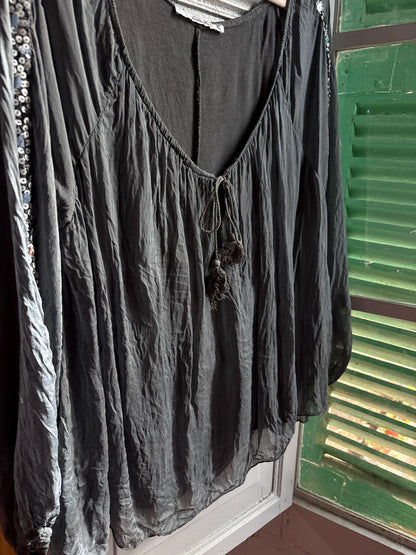Vintage Silk Boho Blouse XL, Oversized Grey Silk Top, Sequin Sleeve Blouse, Bohemian Festival Top, Romantic Floaty Shirt, Women's Vintage
