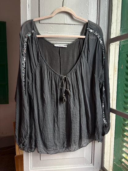 Vintage Silk Boho Blouse XL, Oversized Grey Silk Top, Sequin Sleeve Blouse, Bohemian Festival Top, Romantic Floaty Shirt, Women's Vintage
