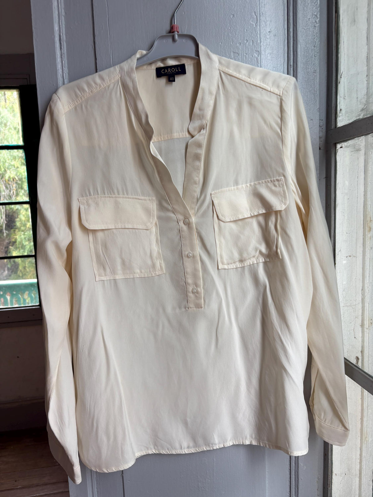 Caroll Paris 100% Silk Blouse, Luxury Ivory Silk Shirt, French Designer Top, Minimalist Office Blouse, Women's Silk Button Shirt