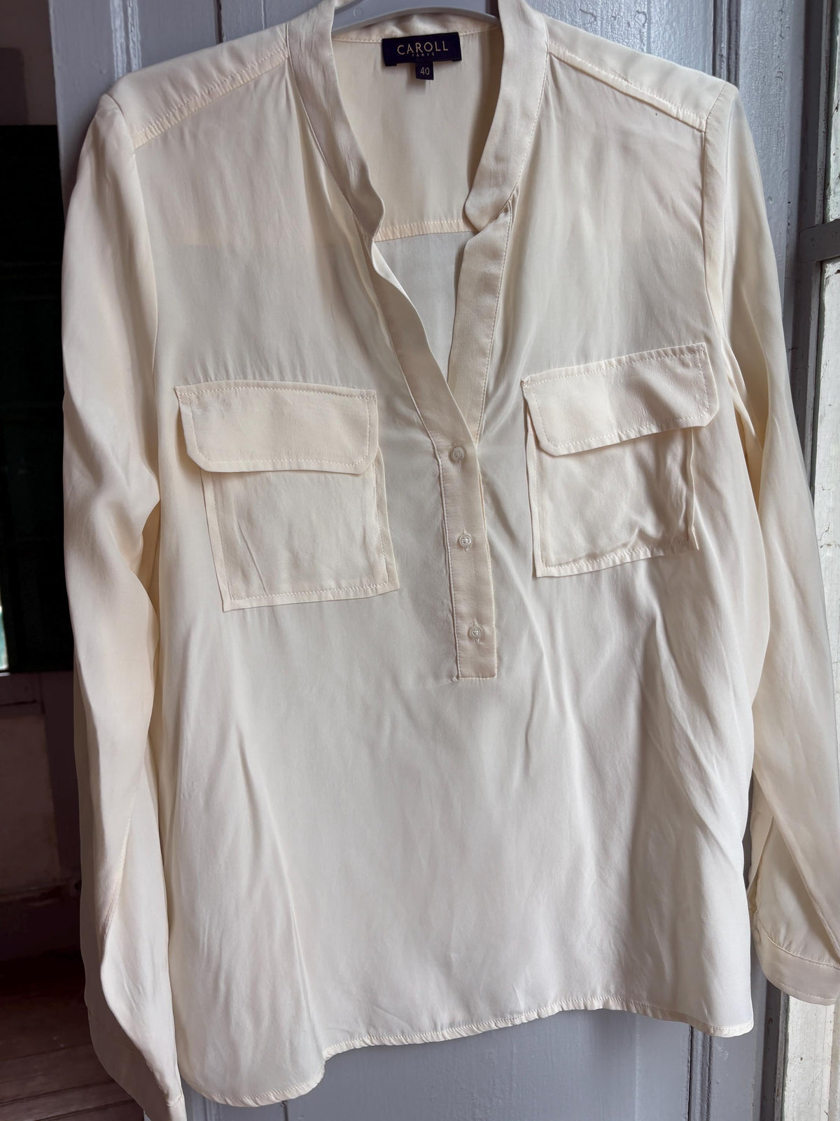 Caroll Paris 100% Silk Blouse, Luxury Ivory Silk Shirt, French Designer Top, Minimalist Office Blouse, Women's Silk Button Shirt