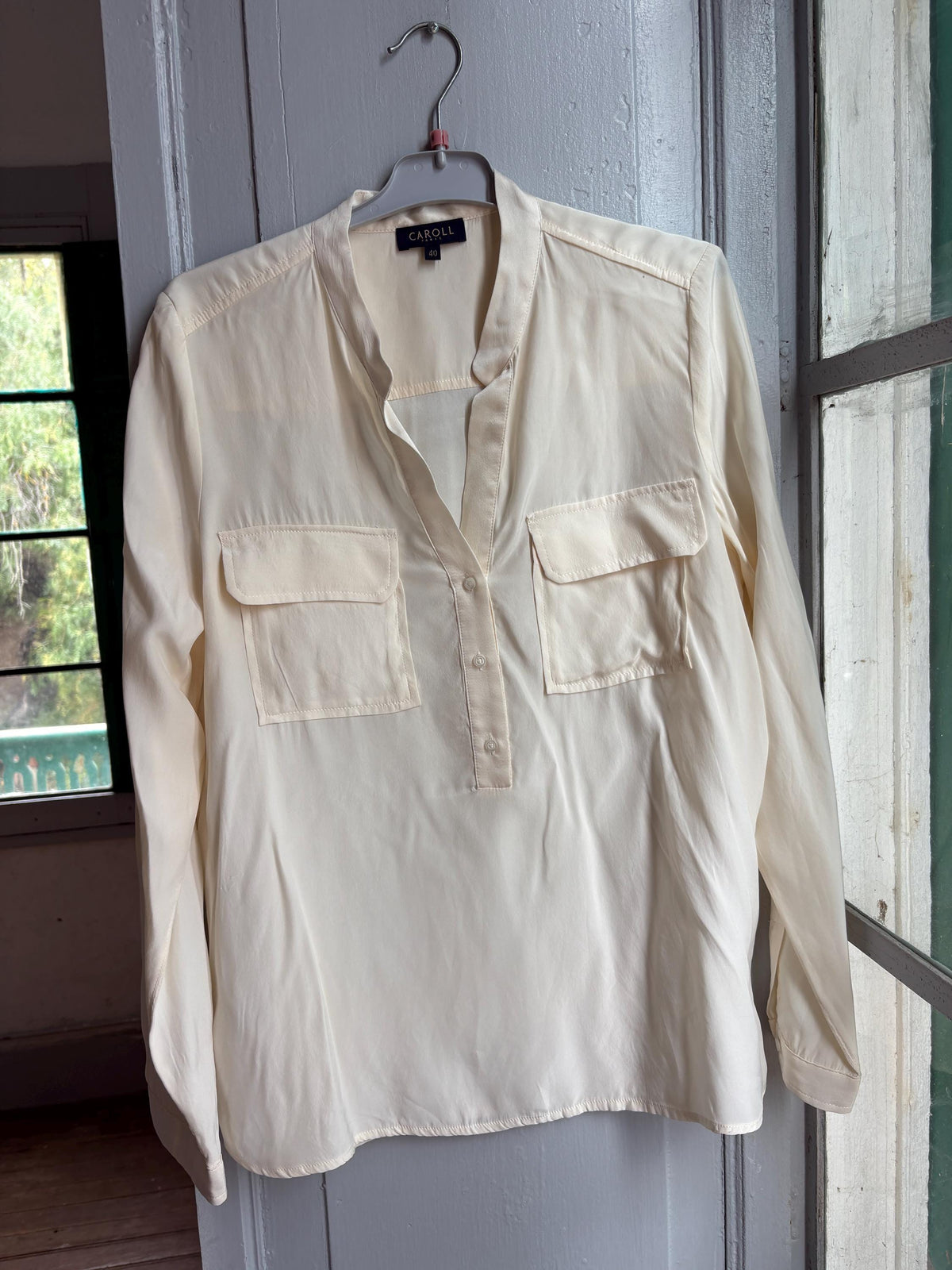 Caroll Paris 100% Silk Blouse, Luxury Ivory Silk Shirt, French Designer Top, Minimalist Office Blouse, Women's Silk Button Shirt