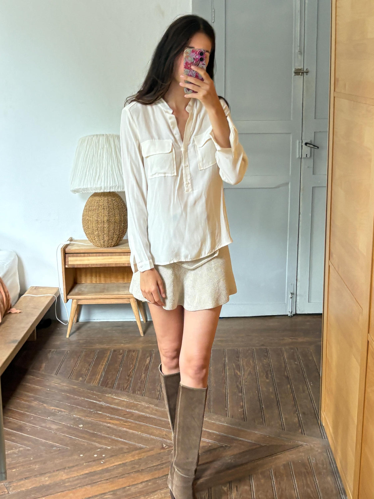 Caroll Paris 100% Silk Blouse, Luxury Ivory Silk Shirt, French Designer Top, Minimalist Office Blouse, Women's Silk Button Shirt