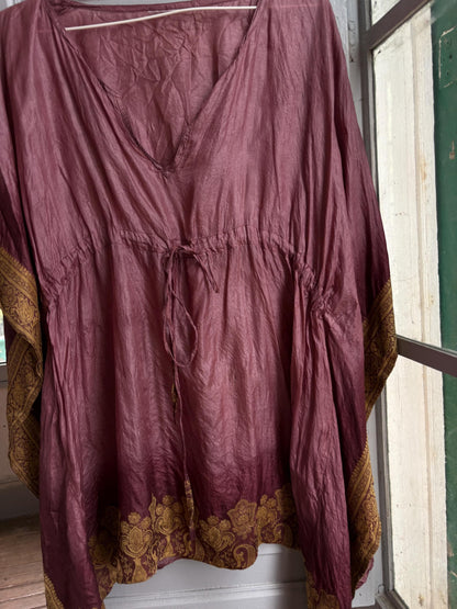 Silk Boho Tunic, Burgundy Silk Kaftan Top, Bohemian Festival Blouse, Oversized Silk Tunic, Luxe Resort Cover Up, One Size