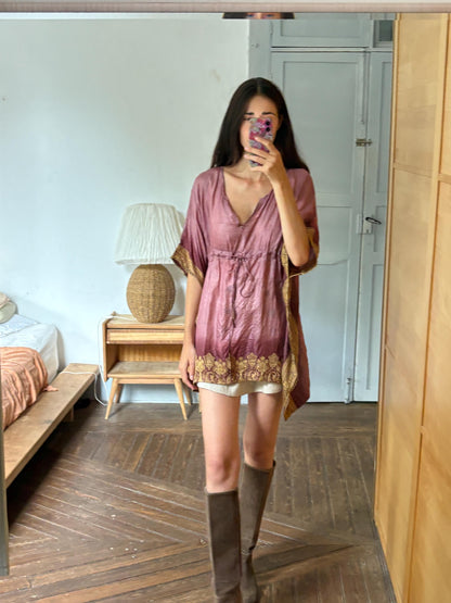 Silk Boho Tunic, Burgundy Silk Kaftan Top, Bohemian Festival Blouse, Oversized Silk Tunic, Luxe Resort Cover Up, One Size