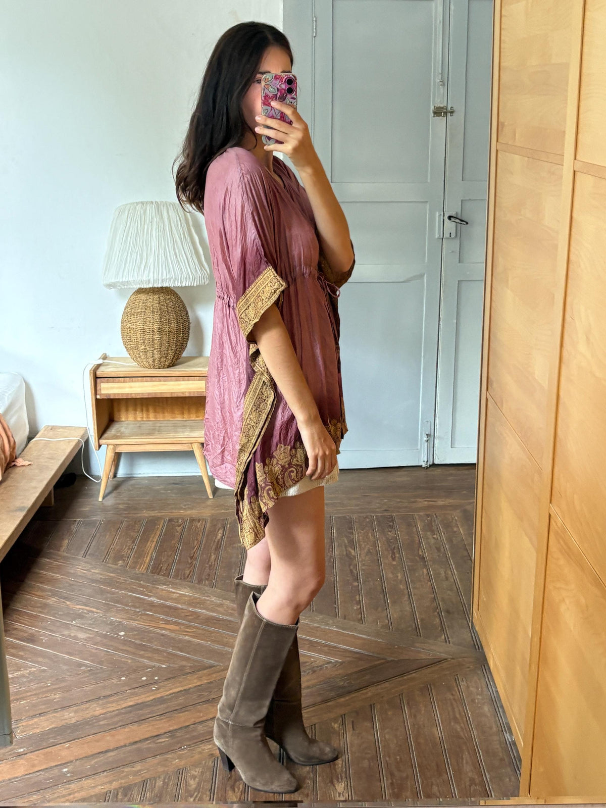 Silk Boho Tunic, Burgundy Silk Kaftan Top, Bohemian Festival Blouse, Oversized Silk Tunic, Luxe Resort Cover Up, One Size