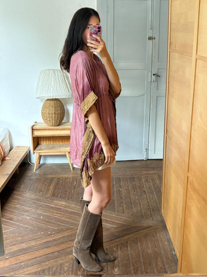 Silk Boho Tunic, Burgundy Silk Kaftan Top, Bohemian Festival Blouse, Oversized Silk Tunic, Luxe Resort Cover Up, One Size