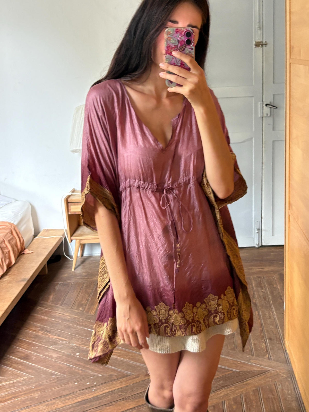 Silk Boho Tunic, Burgundy Silk Kaftan Top, Bohemian Festival Blouse, Oversized Silk Tunic, Luxe Resort Cover Up, One Size