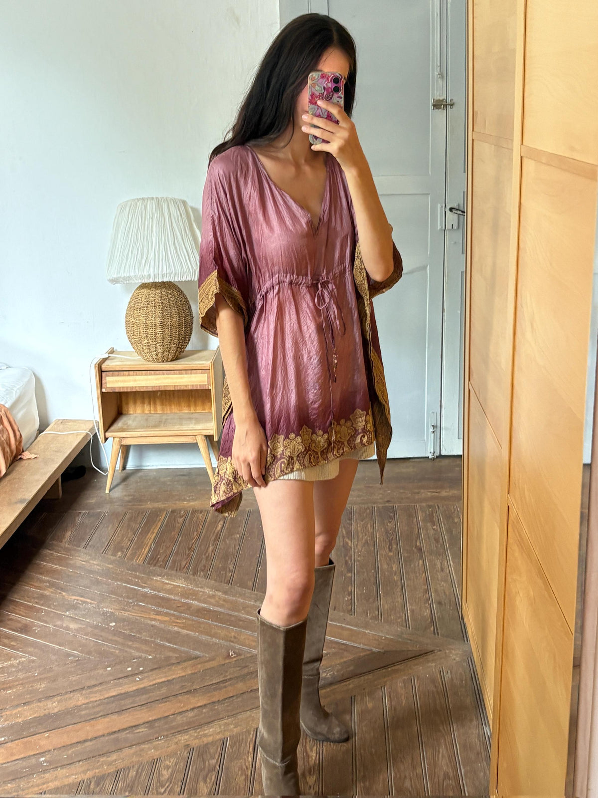 Silk Boho Tunic, Burgundy Silk Kaftan Top, Bohemian Festival Blouse, Oversized Silk Tunic, Luxe Resort Cover Up, One Size