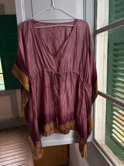 Silk Boho Tunic, Burgundy Silk Kaftan Top, Bohemian Festival Blouse, Oversized Silk Tunic, Luxe Resort Cover Up, One Size