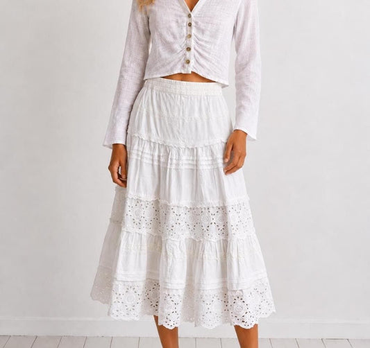 Vintage Cottagecore White Cotton Skirt, Romantic Lace Midi Skirt, Prairie Skirt, Broderie Anglaise Boho Festival Skirt, Cottagecore Clothing