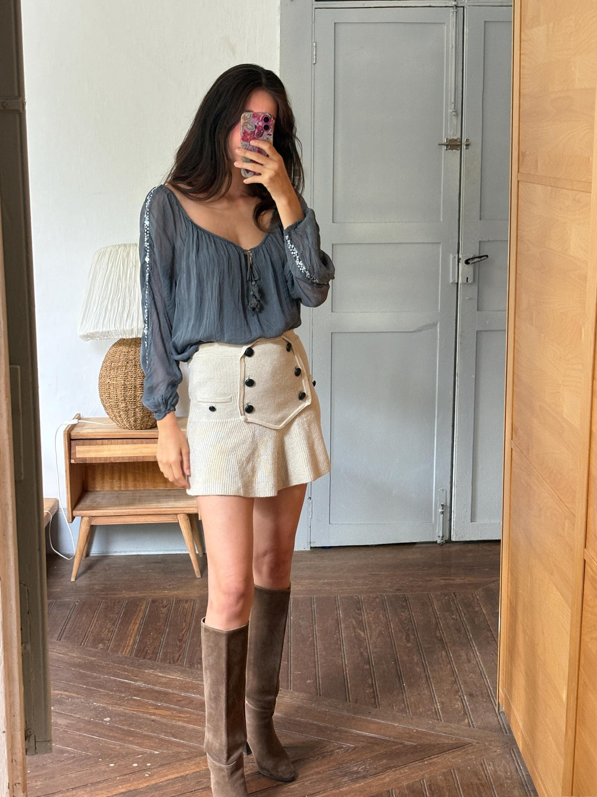 Vintage Silk Boho Blouse XL, Oversized Grey Silk Top, Sequin Sleeve Blouse, Bohemian Festival Top, Romantic Floaty Shirt, Women's Vintage