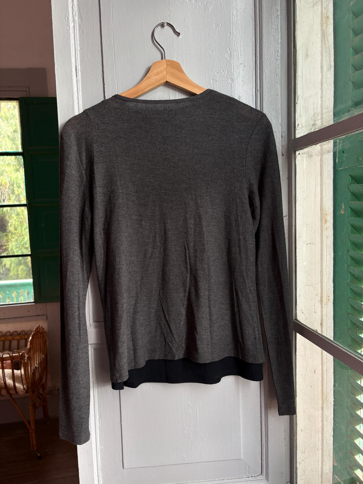 Massimo Dutti Modal Wool Layered Top Size S | Dark Grey Long-Sleeve Shirt with Black Tank | Minimalist Button Top